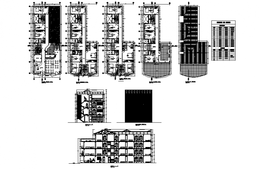 Multi-story luxuries hotel elevation, section and floor plan details dwg file
