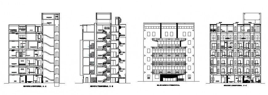 Multi-story metro-politan hospital building all sided elevation and section cad drawing details dwg file