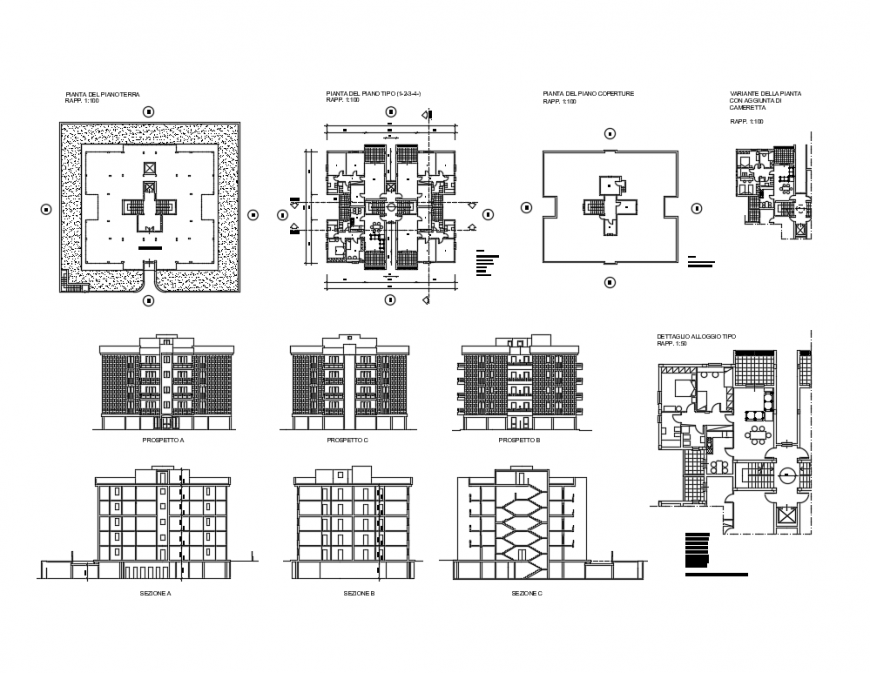 Multi-story multi-family apartment building elevations, section, plan and auto-cad details dwg file