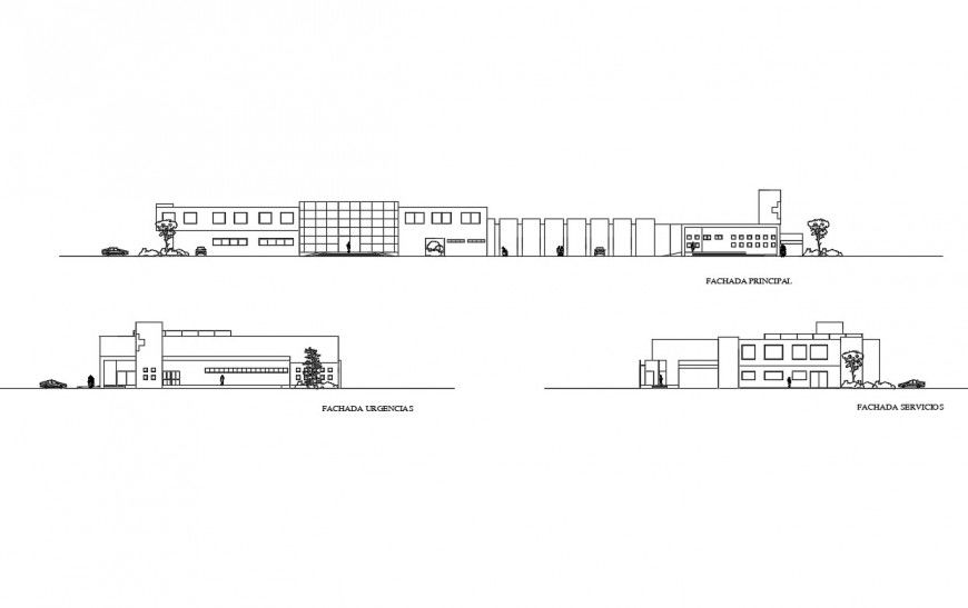 Multi-story multi-specialty hospital all sided elevation cad drawing details dwg file