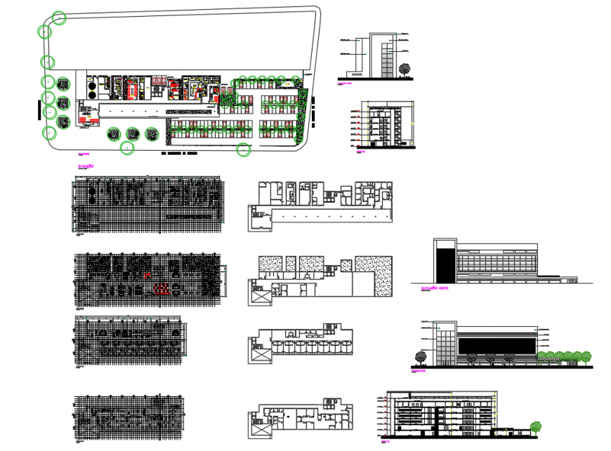 Multi-story multi specialty hospital elevations, sections and floor plan details dwg file