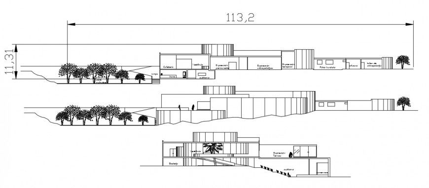Multi-story museum all sided elevation cad drawing details dwg file