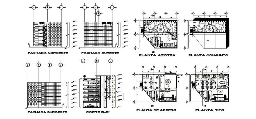 Multi-story office building elevation, section and floor plan cad ...