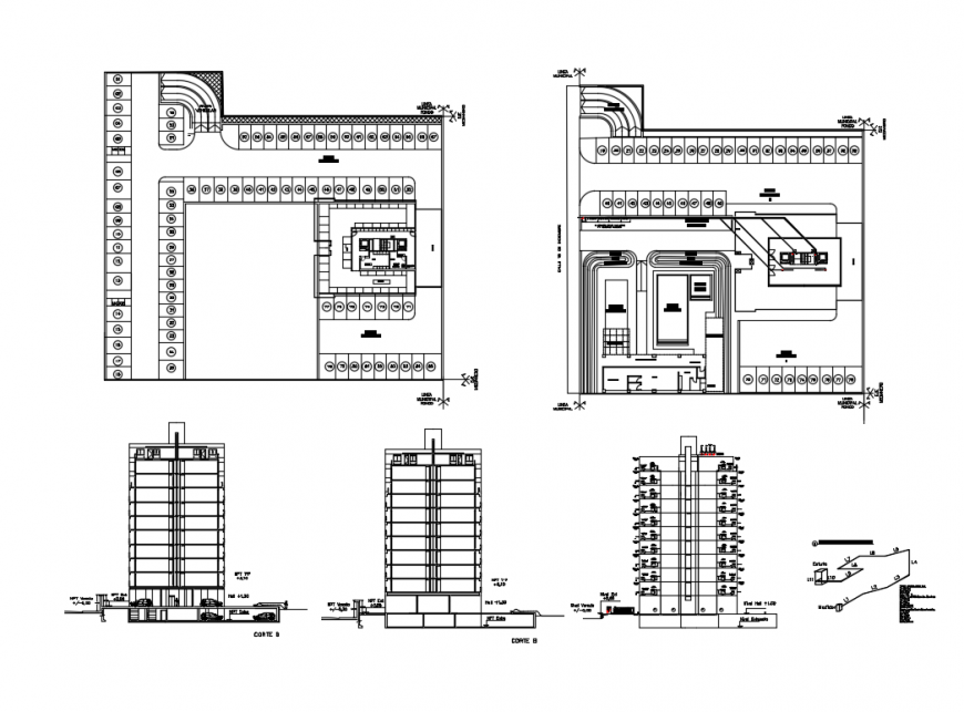 Multi-story office building elevation, section and floor plan with gas ...