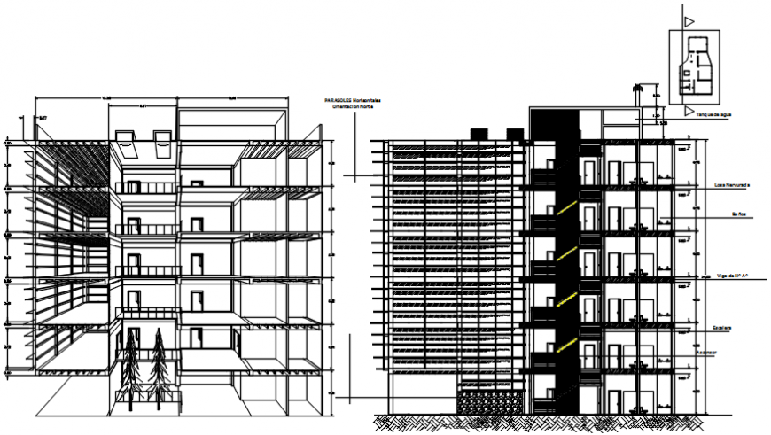 Multi-story office building isometric section and elevation cad drawing details dwg file