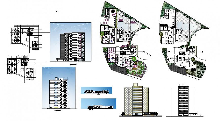 Multi-story office tower building all sided elevation and floor plan drawing details dwg file
