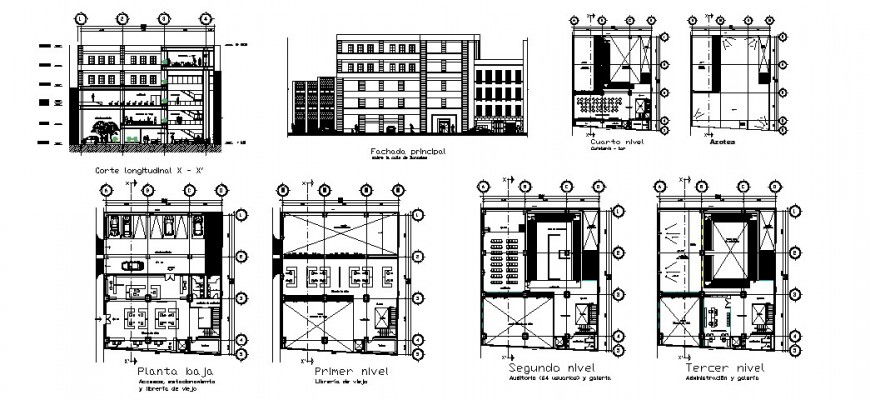 Multi-story old books selling store building elevation, section and plan cad drawing details dwg file