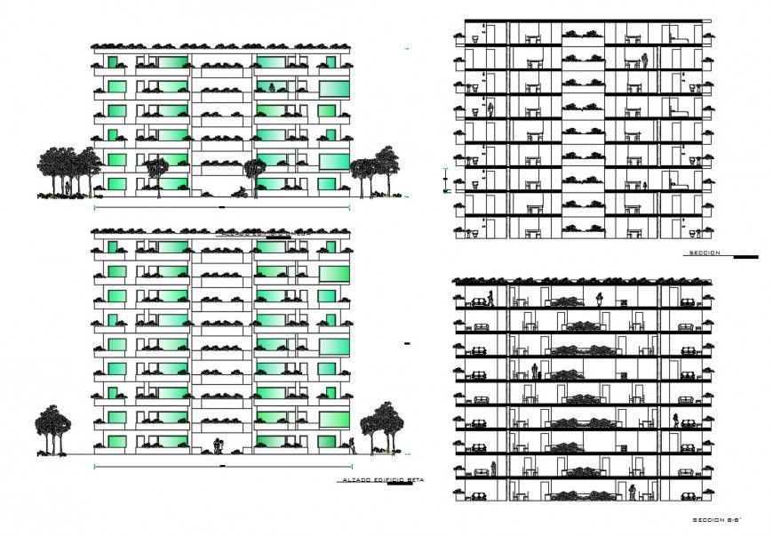Multi-story residential apartment building elevation and section details dwg file
