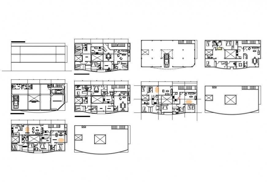 Multi-story residential apartment floor plan and cover plan details dwg file