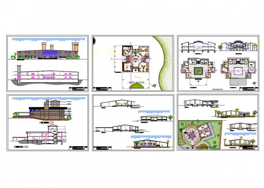 Multi-story resort elevation, section, plan and auto-cad details dwg file