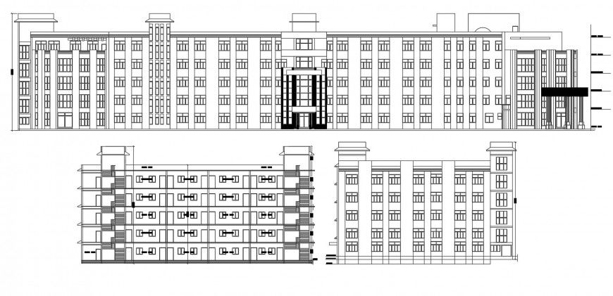 Multi-story school all sided elevation cad drawing details dwg file