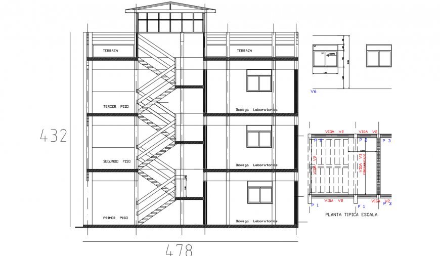 Multi-story school building front sectional drawing details dwg file
