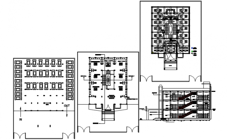 Multi-story shipping mall building section and floor plan cad drawing details dwg file