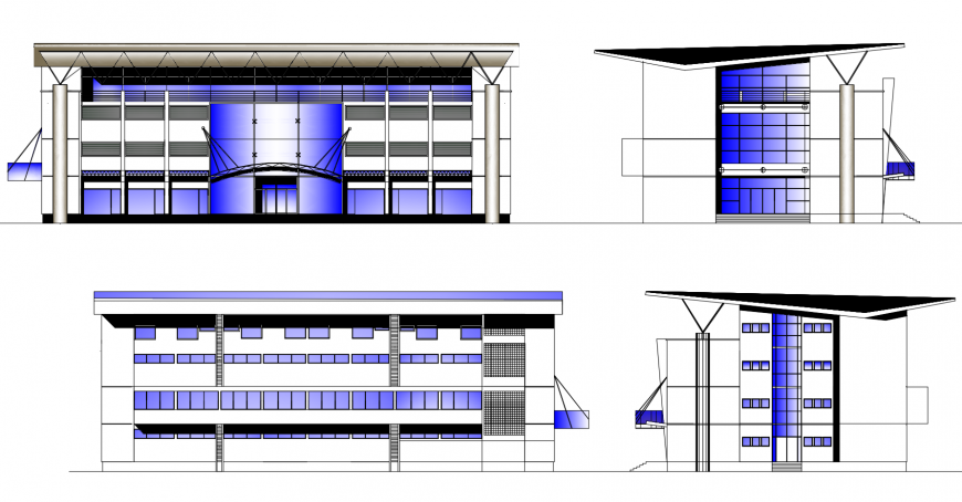 Multi-story shopping mall building all sided elevation drawing details dwg file