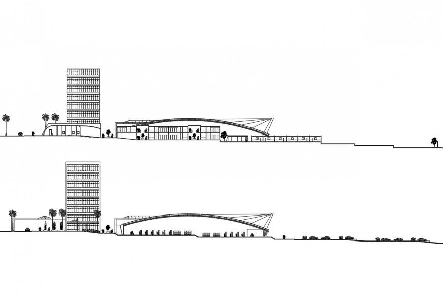 Multi-story shopping mall building front and back elevation cad drawing details dwg file