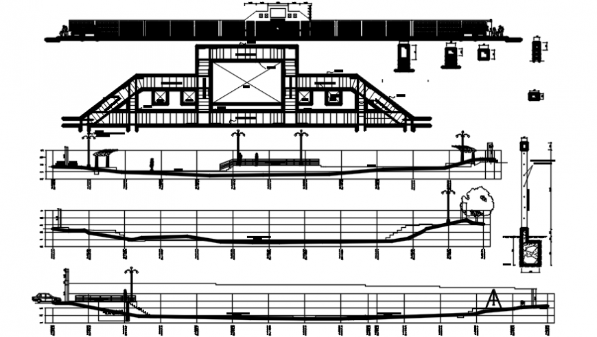 Multi-story sports center building elevations and sections drawing details dwg file