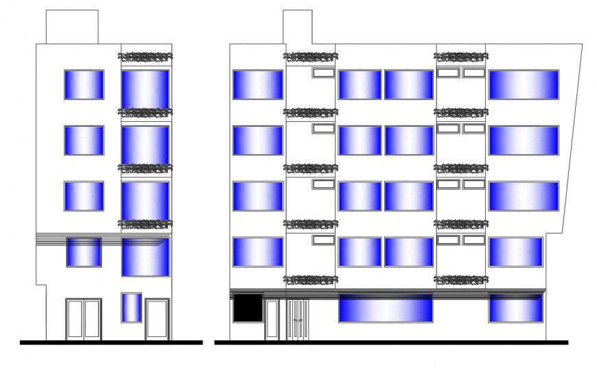 Multi-story three star hotel main and side elevation cad drawing details dwg file