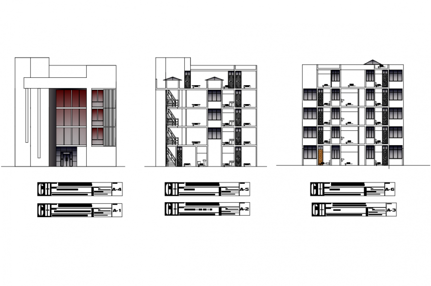 Multi-story two-star hotel all sided elevation and section details dwg file