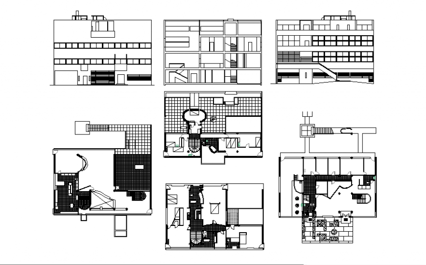 Multi-story villa elevation, section and floor plan details dwg file