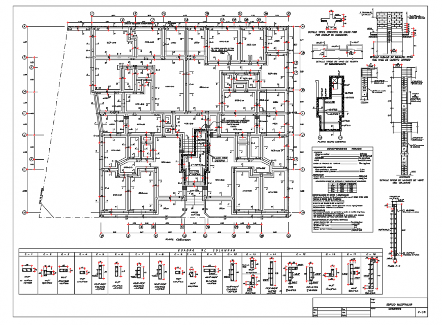 Multi family building foundation plan with several constructive details dwg file