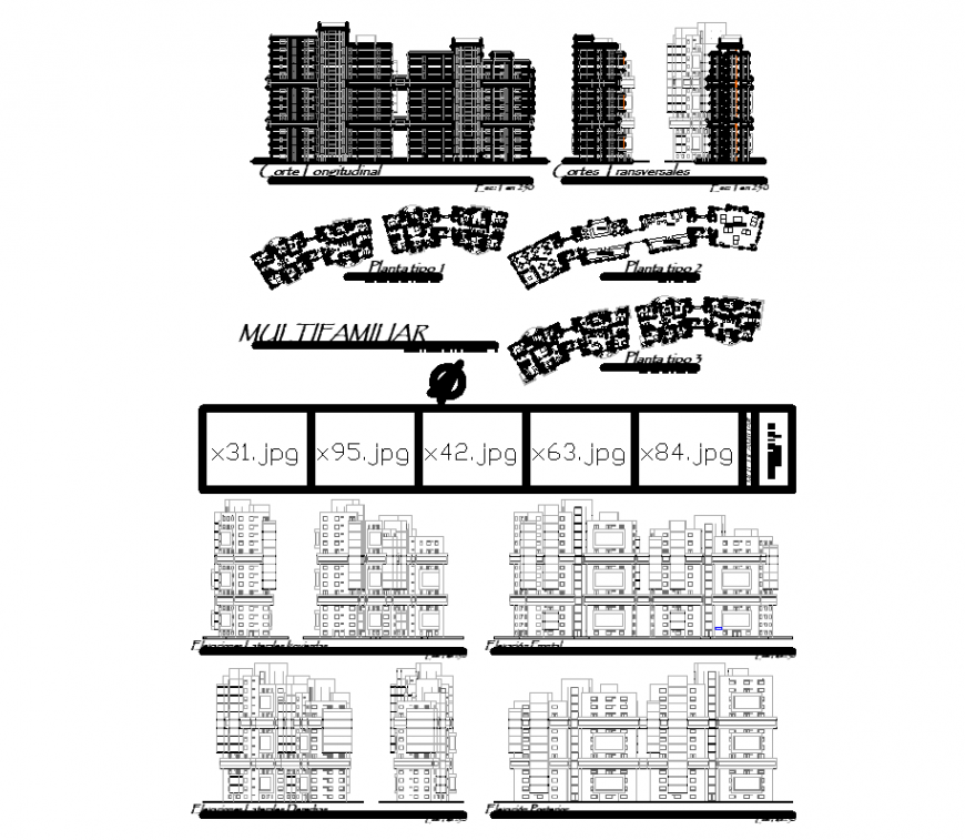 Multi family floor plan and elevation dwg file