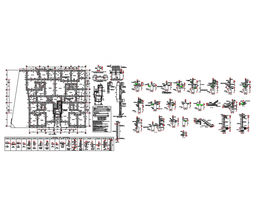 Multi family housing apartment several constructive details with foundation dwg file