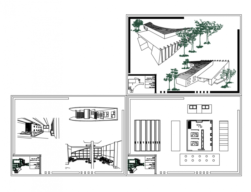 Multi flooring government art gallery isometric all sided elevations with plan cad drawing dwg file