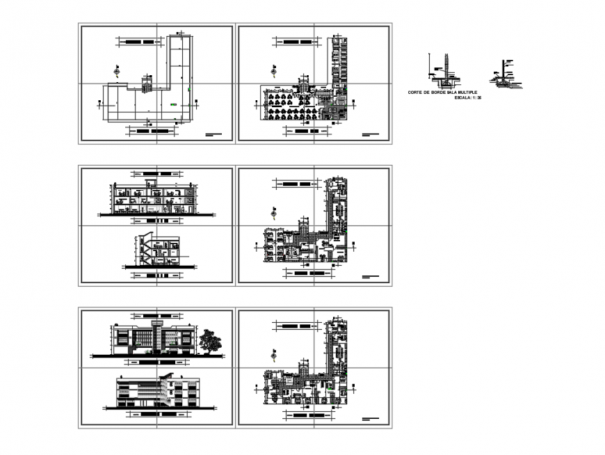 Multi flooring office building elevation, section and floor plan layout details dwg file