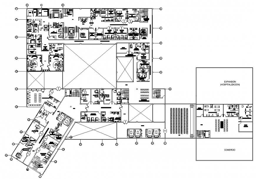 Multi specialty government hospital building drawing in dwg file.