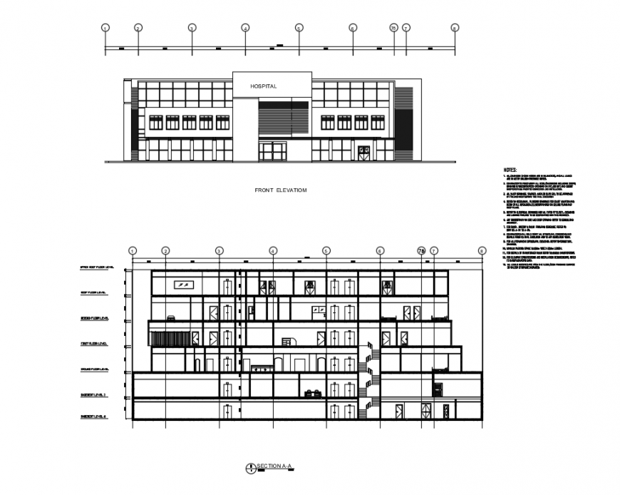 Multi specialty hospital facade elevation and sectional details dwg file