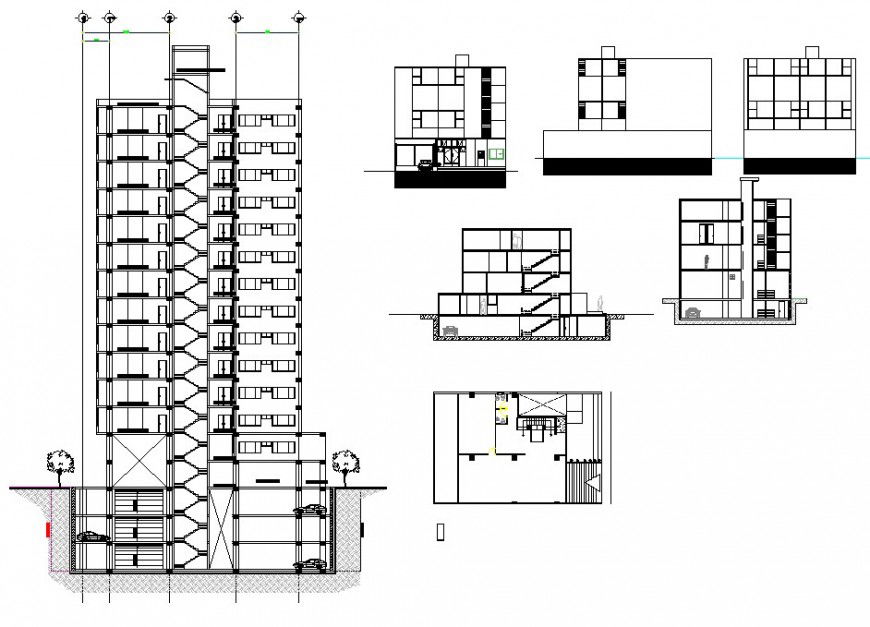 Multi storey building elevation and sectional detail