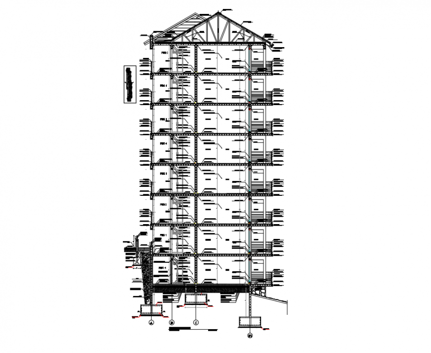 Multi story corporate building facade constructive sectional details dwg file