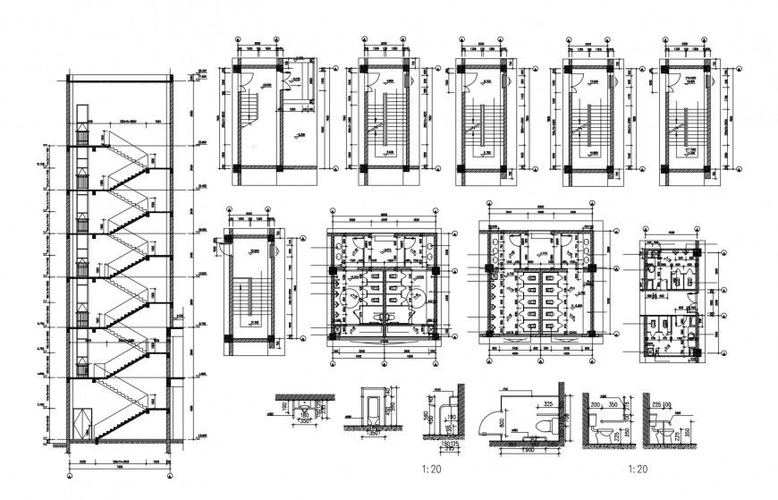 Multi story hotel building section, floor plan, staircase and sanitary details dwg file