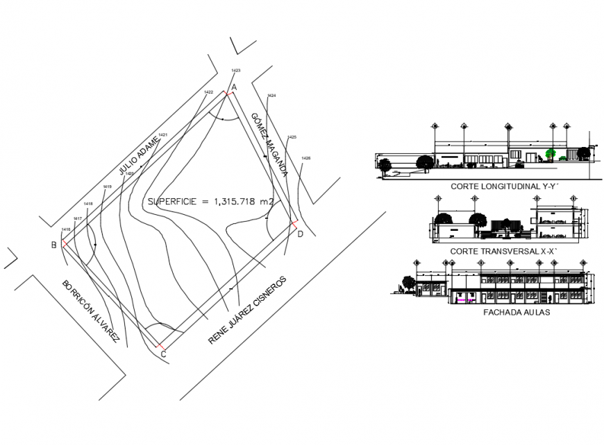 Multi story house site plan, elevation and sectional details dwg file