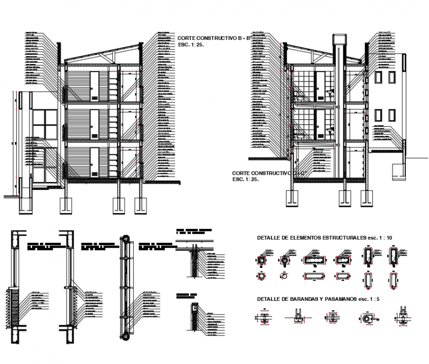 Multi story residential building constructive sectional details dwg file
