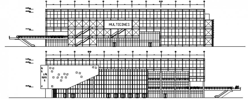 Multicines shopping mall front and back section drawing details dwg file
