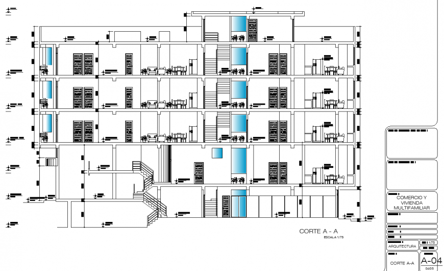 Multifamily apartment building section drawing in dwg file.