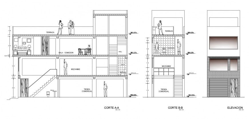 Multifamily housing different axis section view in auto cad file