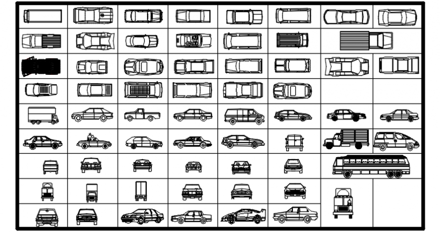 Multiple 2d cars and vehicle blocks cad drawing details dwg file