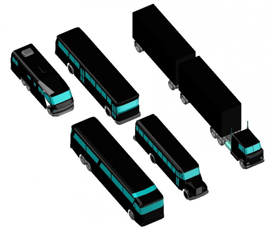 Multiple 3d bus and truck elevation blocks cad drawing details dwg file