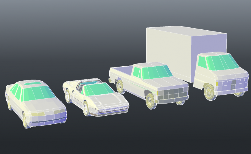 Multiple 3d cars and mini truck blocks cad drawing details dwg file
