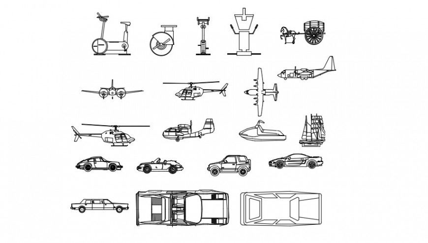 Multiple air and road vehicle blocks drawing details dwg file