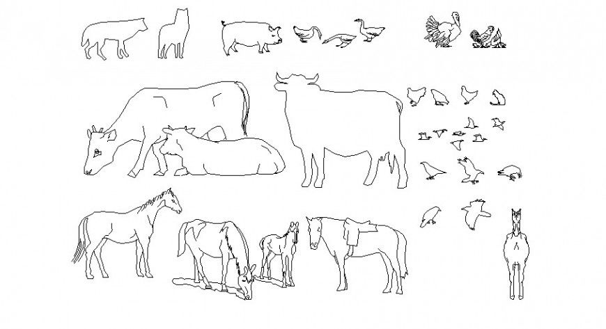 Multiple animal and bird 2d elevation blocks cad drawing details dwg file