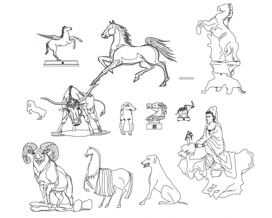 Multiple animal sculpture and toys elevation blocks details dwg file