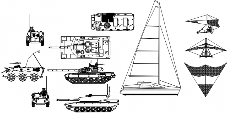 Multiple army and navy vehicle blocks cad drawing details dwg file
