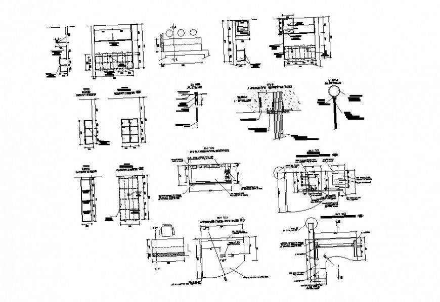 Multiple bank agency office furniture elevation, section and carpentry details dwg file