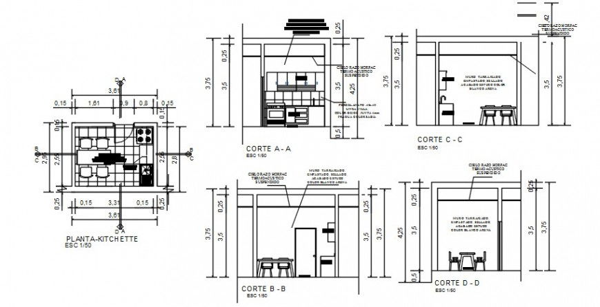 Multiple bank cabin sections and kitchen plan cad drawing details dwg file