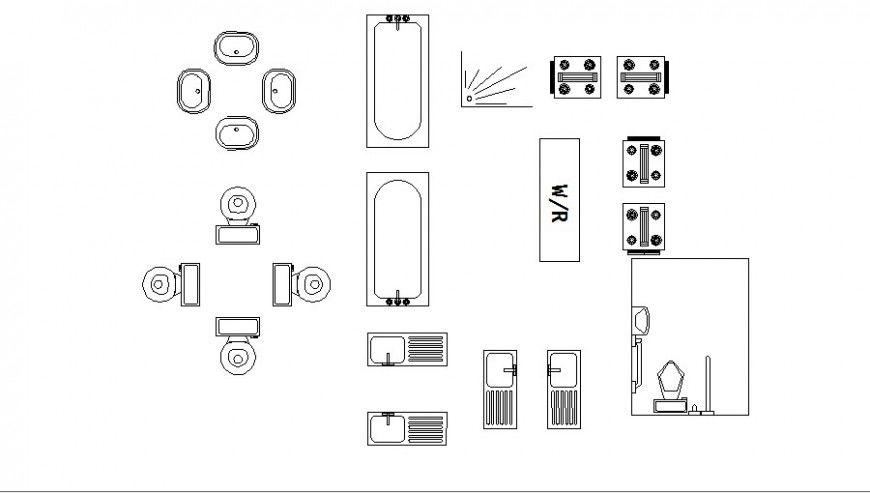 Multiple bath-tub, sink and sanitary blocks drawing details dwg file