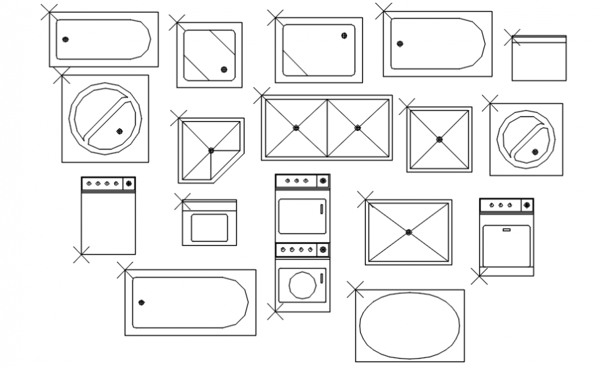 Multiple Bath and Laundry Fixtures blocks cad drawing details dwg file