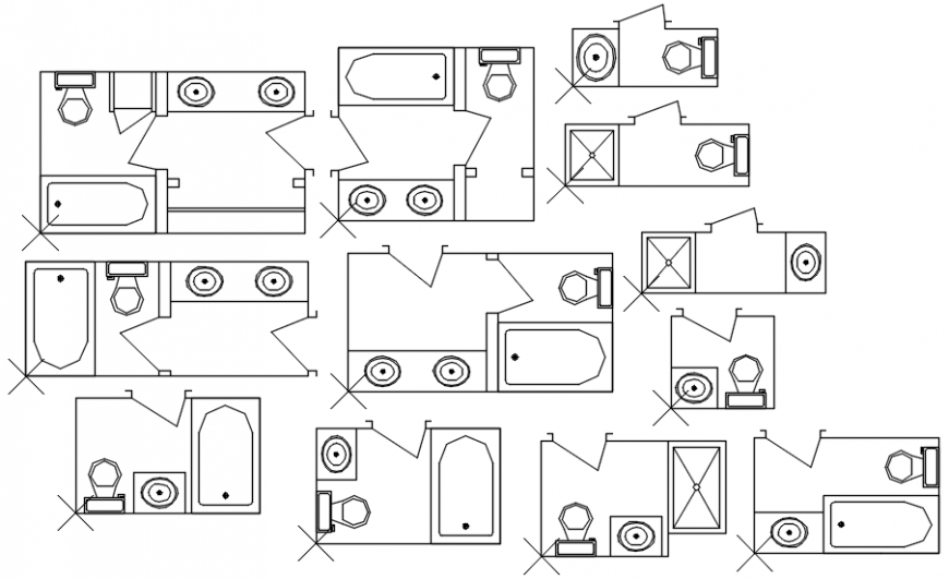 Multiple bathrooms layout plan cad drawing details dwg file